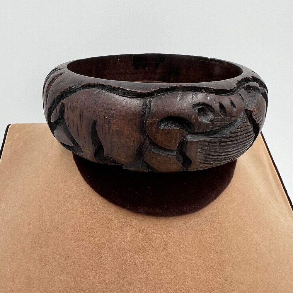 Hand Carved Wooden Safari Animal Rhino Elephant Bangle Bracelet Handmade